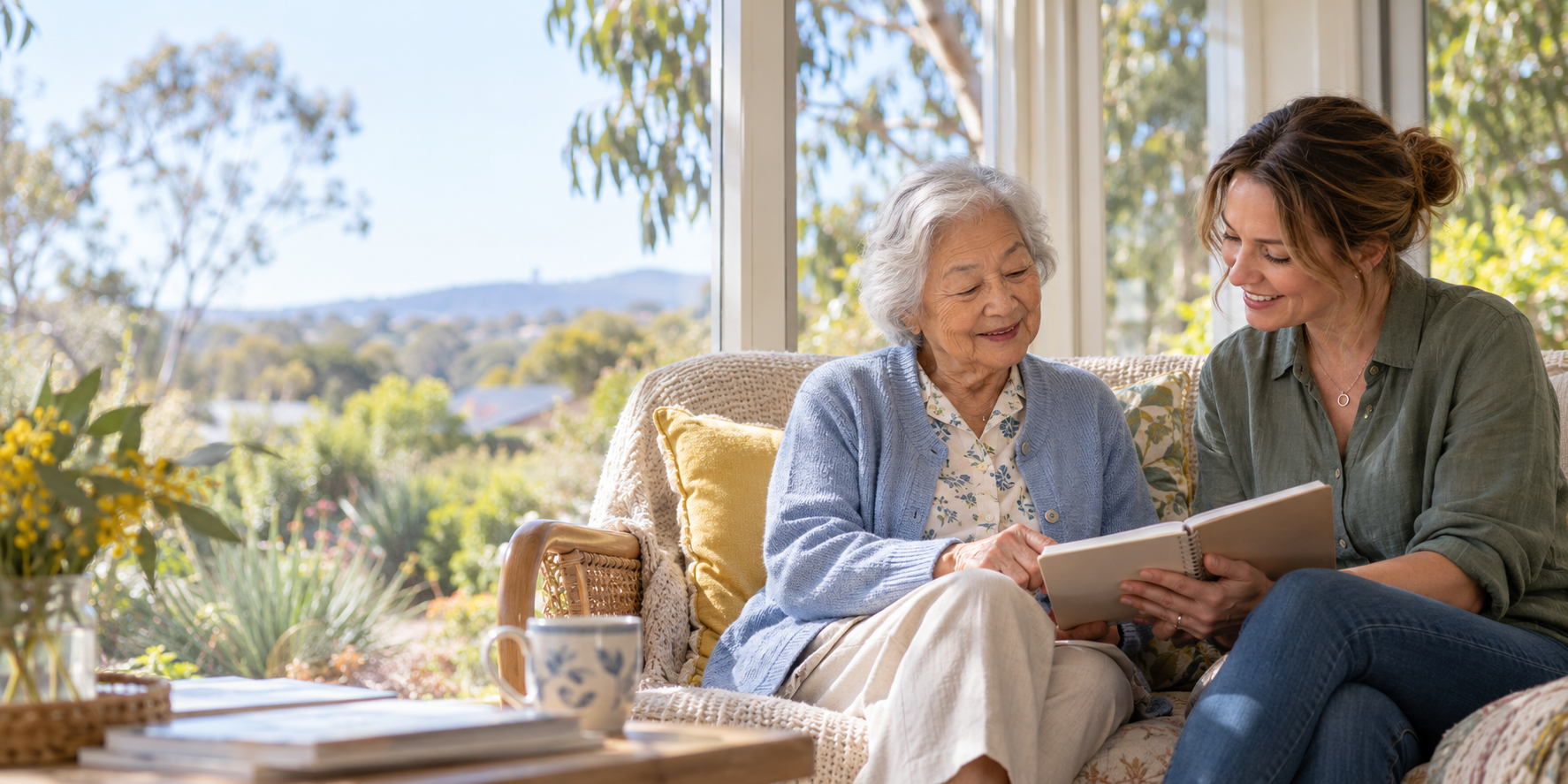 An older woman and support worker talking together in a sunlit home